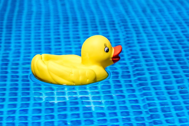 Gumová kachnička plovoucí na hladině bazénu